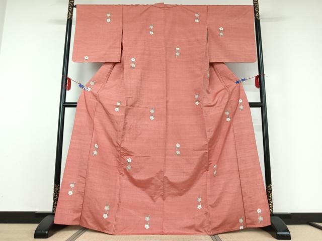 平和屋着物▽上質な紬 単衣 草花文 正絹 逸品 AABD9461jh