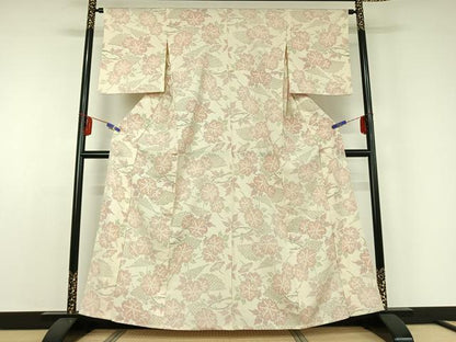 平和屋着物▽本塩沢 単衣 草花文 正絹 逸品 AABD9462jh