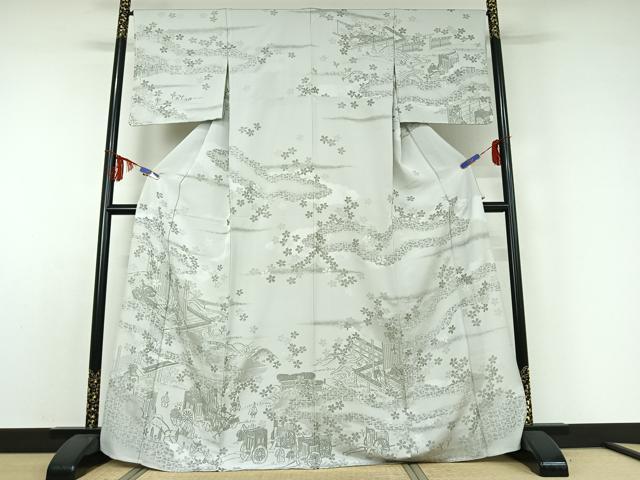 平和屋着物▽訪問着 単衣 刺繍 人物風景花文 銀糸 正絹 逸品 AABD9463jh