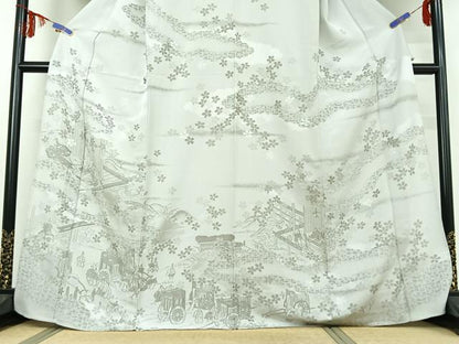 平和屋着物▽訪問着 単衣 刺繍 人物風景花文 銀糸 正絹 逸品 AABD9463jh