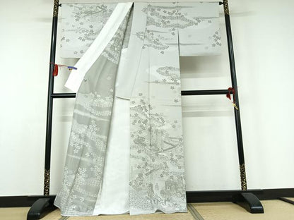 平和屋着物▽訪問着 単衣 刺繍 人物風景花文 銀糸 正絹 逸品 AABD9463jh