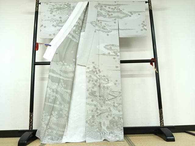 平和屋着物▽訪問着 単衣 刺繍 人物風景花文 銀糸 正絹 逸品 AABD9463jh