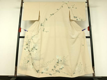 平和屋着物▽京加賀糸目友禅作家　山崎巌　訪問着　単衣　手描き　草花文　正絹　逸品　AABD9466jh