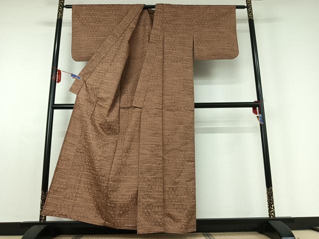 平和屋着物▽上質な紬　単衣　唐草文　正絹　逸品　AABD9467jh