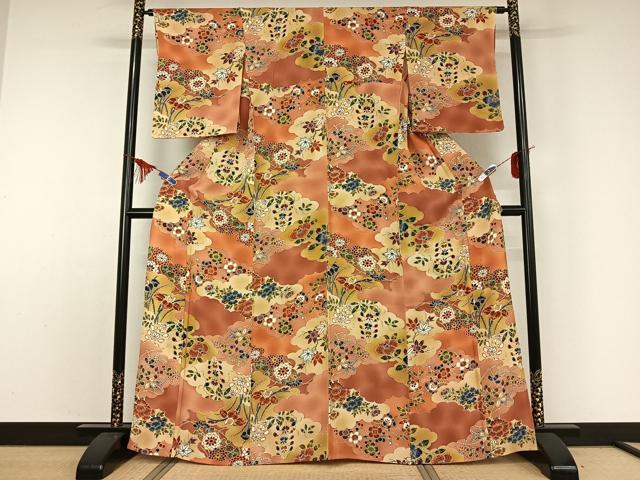 平和屋着物▽上質な小紋　単衣　雲取り花文　正絹　逸品　未使用　AABD9470jh
