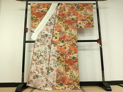 平和屋着物▽上質な小紋　単衣　雲取り花文　正絹　逸品　未使用　AABD9470jh