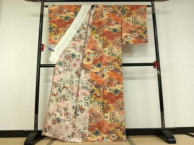 平和屋着物▽上質な小紋　単衣　雲取り花文　正絹　逸品　未使用　AABD9470jh