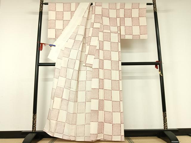 平和屋着物▽上質な小紋 単衣 市松文様 正絹 逸品 AABD9473jh