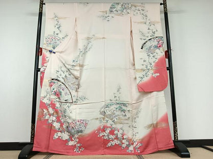 平和屋着物▽豪華振袖　単衣　地紙飛鶴花文　暈し染め　金糸　金銀彩　正絹　逸品　AABD9478jh