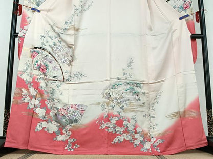 平和屋着物▽豪華振袖　単衣　地紙飛鶴花文　暈し染め　金糸　金銀彩　正絹　逸品　AABD9478jh
