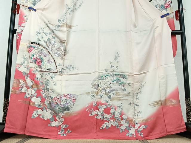 平和屋着物▽豪華振袖　単衣　地紙飛鶴花文　暈し染め　金糸　金銀彩　正絹　逸品　AABD9478jh