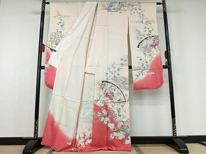 平和屋着物▽豪華振袖　単衣　地紙飛鶴花文　暈し染め　金糸　金銀彩　正絹　逸品　AABD9478jh
