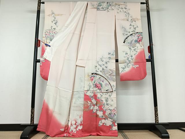 平和屋着物▽豪華振袖　単衣　地紙飛鶴花文　暈し染め　金糸　金銀彩　正絹　逸品　AABD9478jh