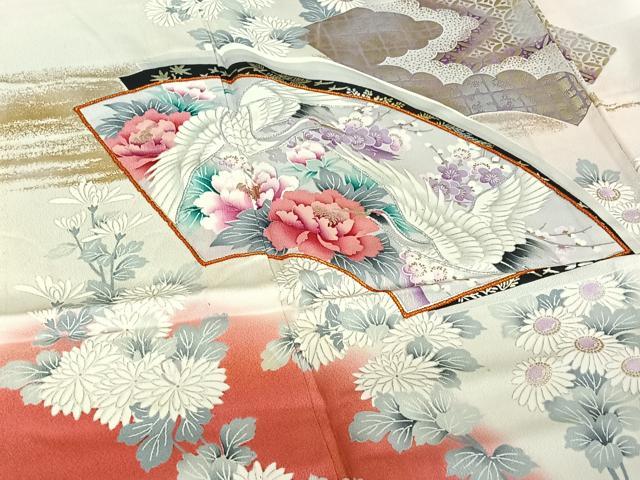 平和屋着物▽豪華振袖　単衣　地紙飛鶴花文　暈し染め　金糸　金銀彩　正絹　逸品　AABD9478jh