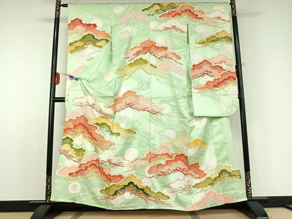 平和屋着物▽豪華振袖 単衣 駒刺繍 立波松文 金彩 正絹 逸品 AABD9480jh
