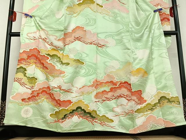 平和屋着物▽豪華振袖 単衣 駒刺繍 立波松文 金彩 正絹 逸品 AABD9480jh