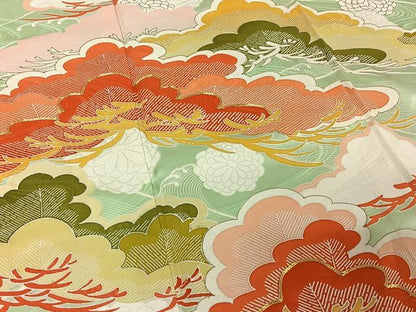 平和屋着物▽豪華振袖 単衣 駒刺繍 立波松文 金彩 正絹 逸品 AABD9480jh