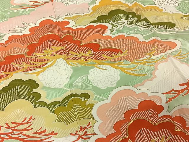 平和屋着物▽豪華振袖 単衣 駒刺繍 立波松文 金彩 正絹 逸品 AABD9480jh