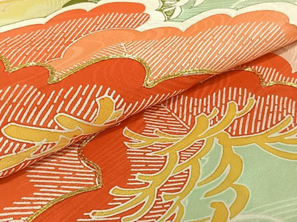 平和屋着物▽豪華振袖 単衣 駒刺繍 立波松文 金彩 正絹 逸品 AABD9480jh