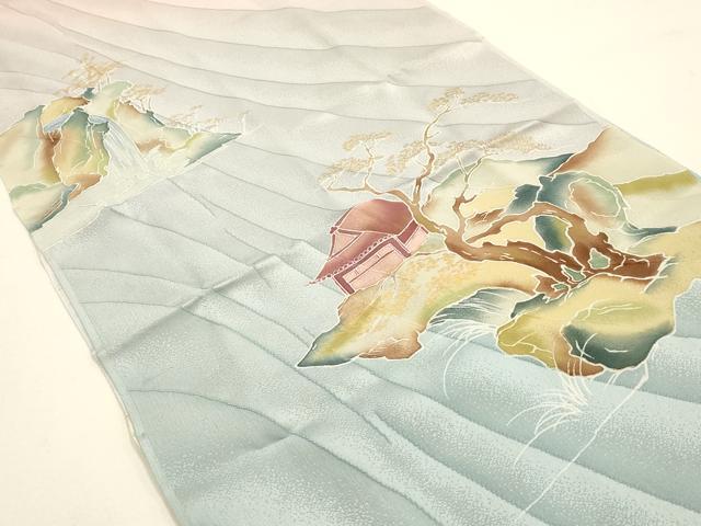 平和屋本店●和装小物　帯締め・帯揚げセット　高麗組　手描き　風景文　暈し染め　金糸　正絹　逸品　未使用　AABD9768ay