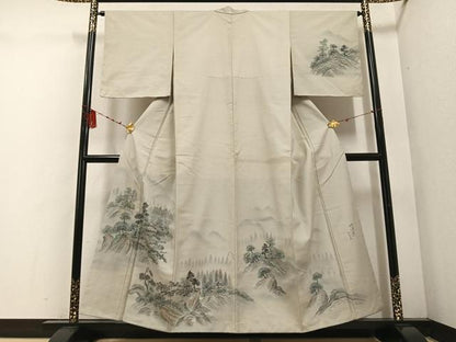平和屋着物●内山晴祥 手描き 訪問着 紬地 風景樹林文 暈し染め 金彩 正絹 逸品 未使用 AABD9815ph