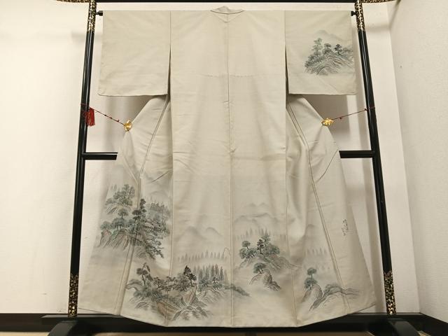 平和屋着物●内山晴祥 手描き 訪問着 紬地 風景樹林文 暈し染め 金彩 正絹 逸品 未使用 AABD9815ph