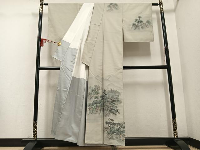 平和屋着物●内山晴祥 手描き 訪問着 紬地 風景樹林文 暈し染め 金彩 正絹 逸品 未使用 AABD9815ph