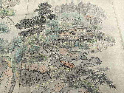 平和屋着物●内山晴祥 手描き 訪問着 紬地 風景樹林文 暈し染め 金彩 正絹 逸品 未使用 AABD9815ph