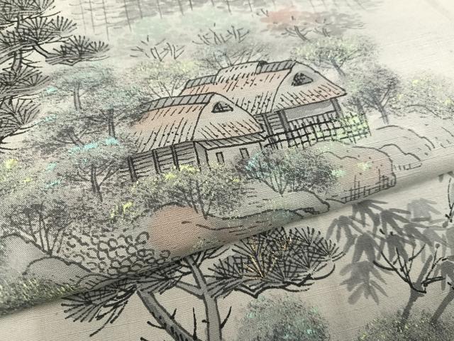 平和屋着物●内山晴祥 手描き 訪問着 紬地 風景樹林文 暈し染め 金彩 正絹 逸品 未使用 AABD9815ph