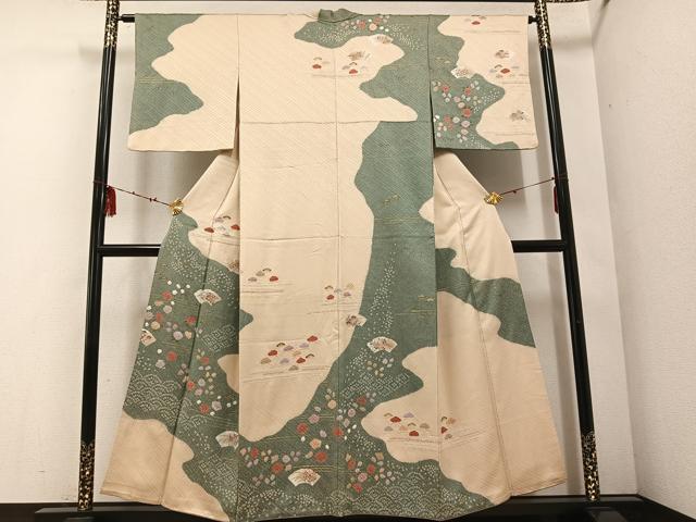 平和屋着物●訪問着　絞り　地紙草花文　金彩　正絹　逸品　AABD9826ph