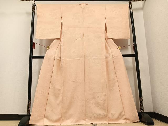 平和屋着物●上質な色無地　吉祥草花地紋　薄香色　吉祥草花地紋　薄香色　正絹　逸品　AABD9837ph