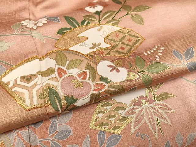 平和屋着物●訪問着 駒刺繍 地紙草花文 金銀彩 正絹 逸品 AABD9846ph
