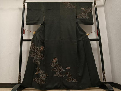 平和屋着物●訪問着　貝桶露芝文　黒地　正絹　逸品　AABD9849ph