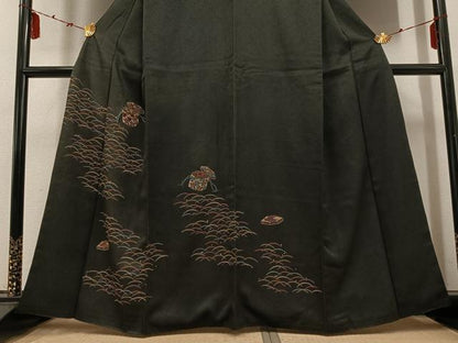 平和屋着物●訪問着　貝桶露芝文　黒地　正絹　逸品　AABD9849ph