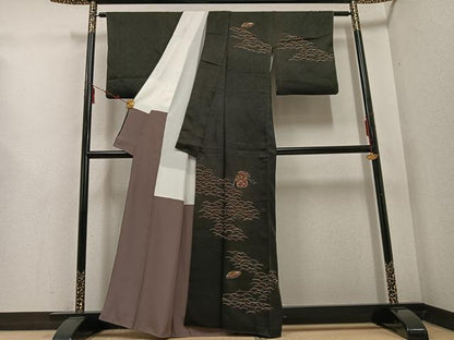 平和屋着物●訪問着　貝桶露芝文　黒地　正絹　逸品　AABD9849ph