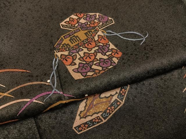 平和屋着物●訪問着　貝桶露芝文　黒地　正絹　逸品　AABD9849ph