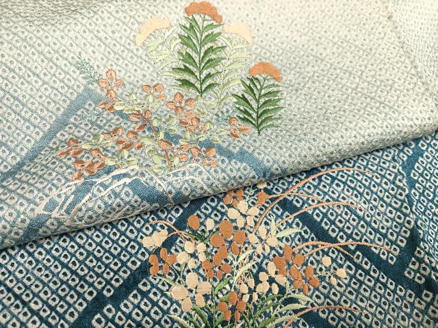 平和屋着物○訪問着 絞り 刺繍 草花文 暈し染め 正絹 逸品 AABD9868ph