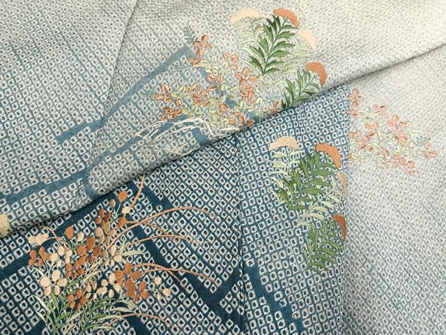 平和屋着物○訪問着 刺繍 流水草花文 暈し染め 鬼しぼ縮緬 正絹 逸品
