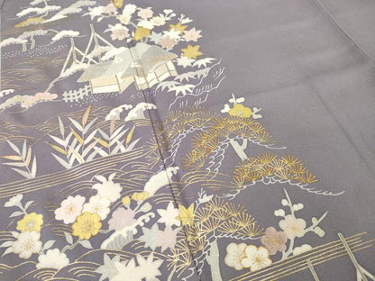 平和屋着物●訪問着 友禅 駒刺繍 風景文 金彩 正絹 逸品 AABD9896ck