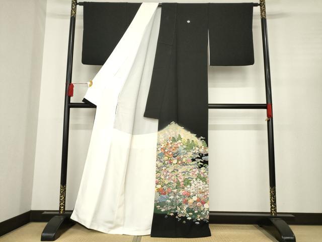 平和屋着物●本加賀友禅作家　久恒俊治　黒留袖　草花籬文　正絹　逸品　DABB0801ud 平和屋着物○本加賀友禅作家 久恒俊治 黒留袖 風景文 正絹 逸品