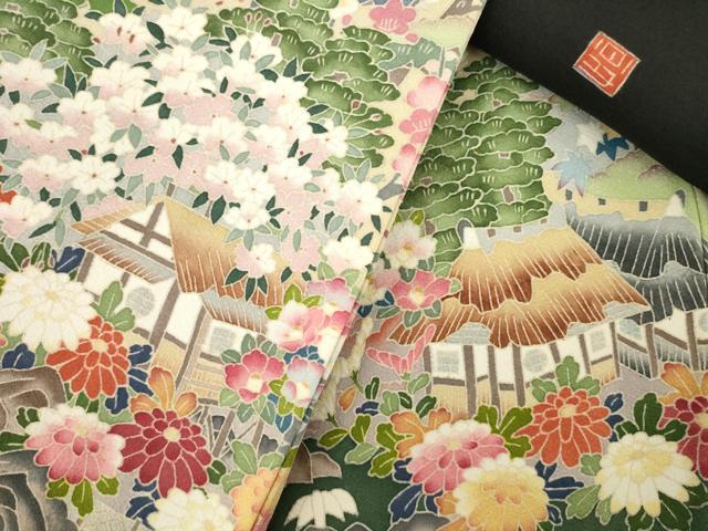平和屋着物●本加賀友禅作家　久恒俊治　黒留袖　草花籬文　正絹　逸品　DABB0801ud 平和屋着物○本加賀友禅作家 久恒俊治 黒留袖 風景文 正絹 逸品