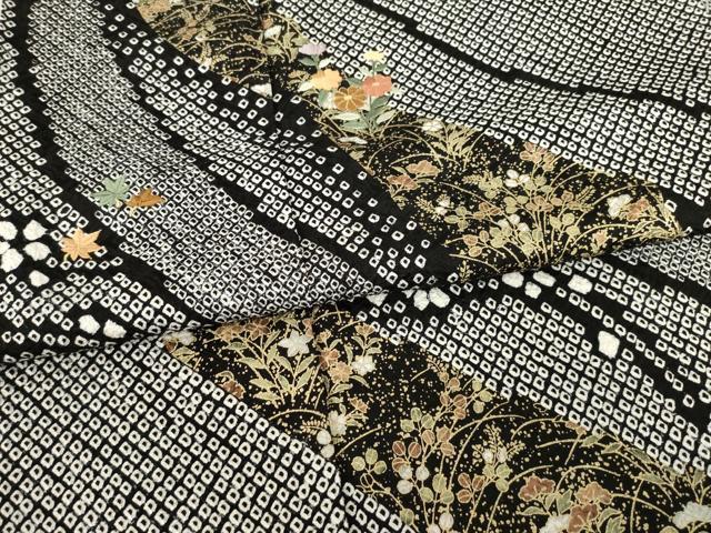 平和屋着物○訪問着 総絞り 刺繍 流水花文 黒地 金彩 正絹 逸品