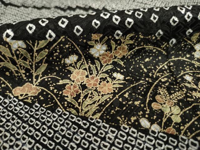 平和屋着物○訪問着 総絞り 刺繍 流水花文 黒地 金彩 正絹 逸品