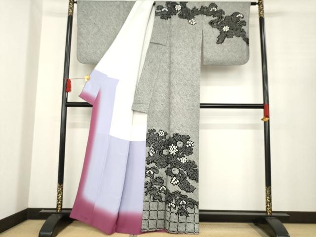 平和屋着物○訪問着 総絞り 流水花文 松 黒地 正絹 逸品 AABD9912ck