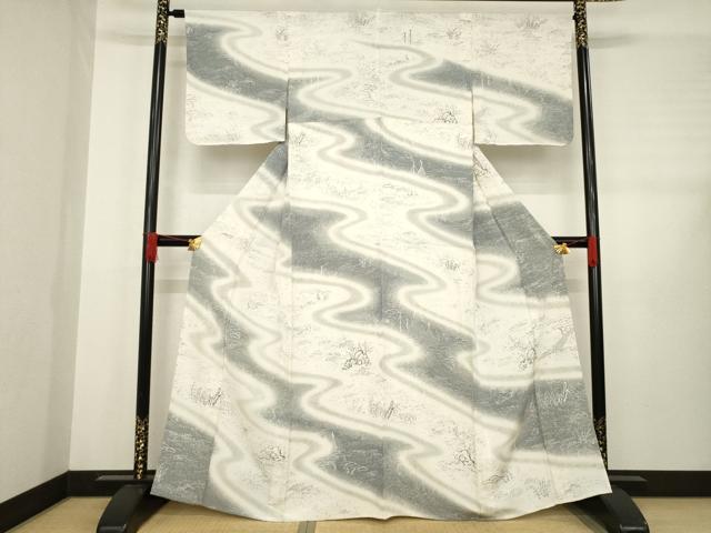 平和屋着物▽訪問着 単衣 手描き 流水文 金糸 正絹 逸品 AABD9930ck