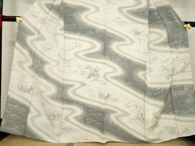 平和屋着物▽訪問着 単衣 手描き 流水文 金糸 正絹 逸品 AABD9930ck