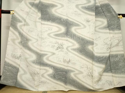平和屋着物▽訪問着 単衣 手描き 流水文 金糸 正絹 逸品 AABD9930ck
