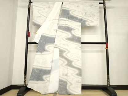 平和屋着物▽訪問着 単衣 手描き 流水文 金糸 正絹 逸品 AABD9930ck