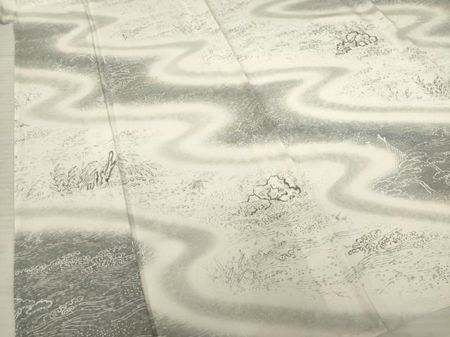平和屋着物▽訪問着 単衣 手描き 流水文 金糸 正絹 逸品 AABD9930ck