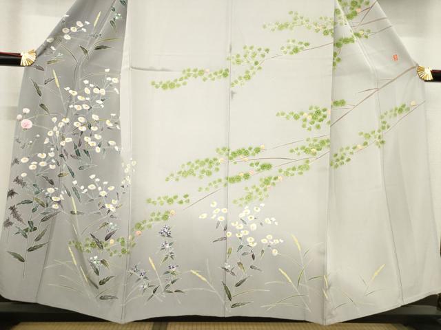 平和屋着物▽本加賀友禅作家 茶谷孝志 訪問着 単衣 枝花文 正絹 逸品 AABD9934ck
